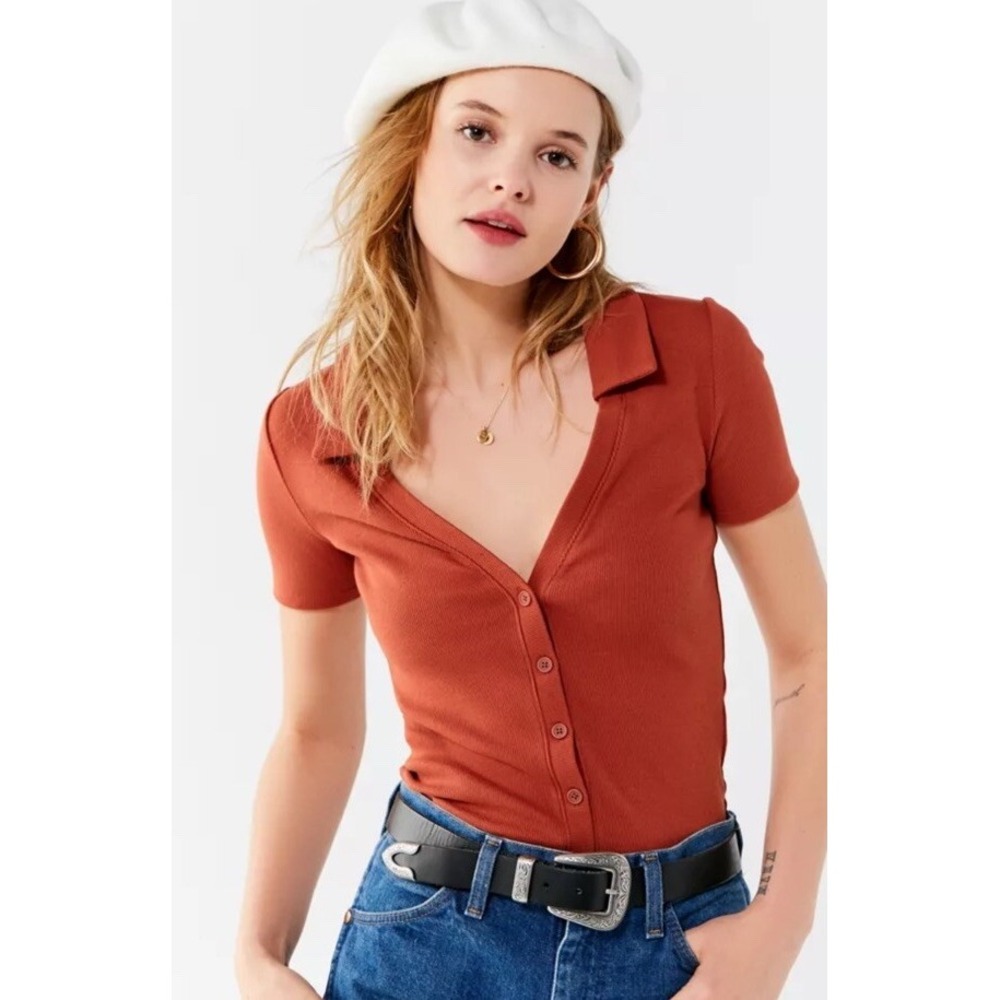 Urban Outfitters Women's Polo Top Blake Ribbed Button Down Orange Size Medium
